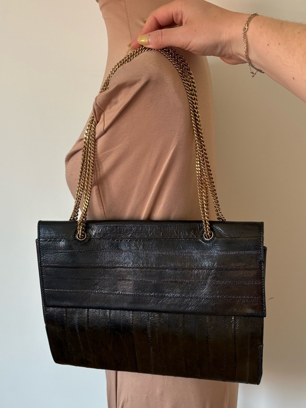 Nina Ricci Vintage Single Flap Convertible Eel Skin Brown Green Shoulder Bag EUC - Picture 6 of 10